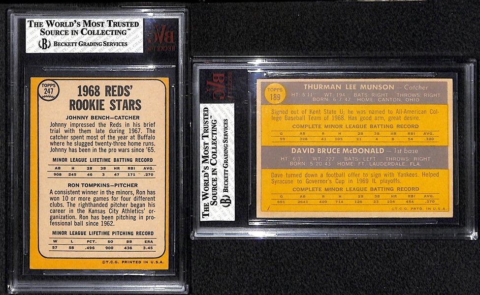 Lot of 2 - 1968 Topps #247 Johnny Bench Rookie Card - BVG 3 & 1970 Topps #189 Thurman Munson Rookie Card - BVG 6